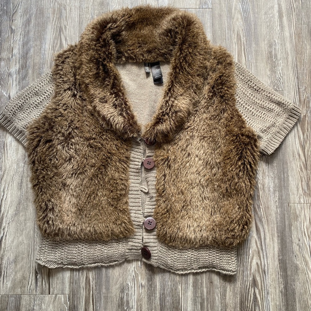 Bisou Bisou Faux Fur Brown Vest with Knit Sleeves Size L